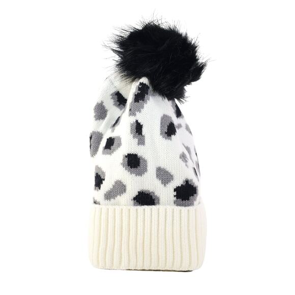 Virginia Wolf Leopard Beanie with Faux Fur Snap Pom Pom - White / Black - NIB - Picture 3 of 5